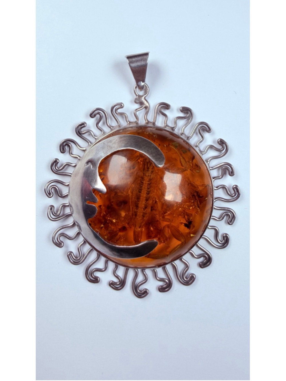 Scorpion In Amber Resin Sun & Moon 925 Sterling Silver XL Pendant VTG Taxco